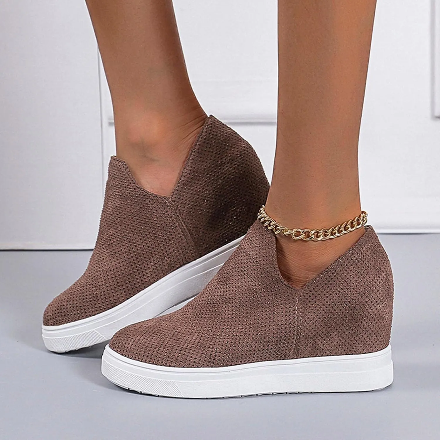 Hbeylia Platform Fashion Sneakers For Women Ladies Fashion Casual V Cut Chunky Bottom Flats Slip On Loafers Breathable Anti Skid Thick Mid Heels Low Top Work Nurse Driving Walking Shoes