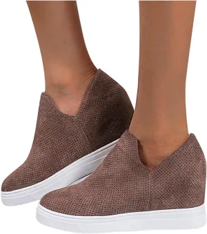 Hbeylia Platform Fashion Sneakers For Women Ladies Fashion Casual V Cut Chunky Bottom Flats Slip On Loafers Breathable Anti Skid Thick Mid Heels Low Top Work Nurse Driving Walking Shoes