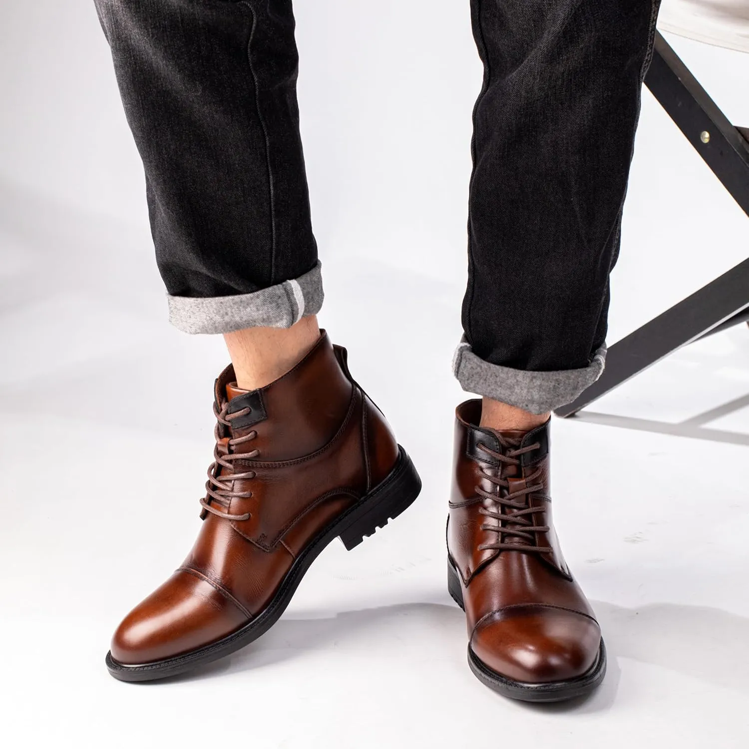 Holy dove Mens Oxford Leather Dress Boots Cap Toe Side Zip Fashion Mid Top Chukka Ankle Boots for Men