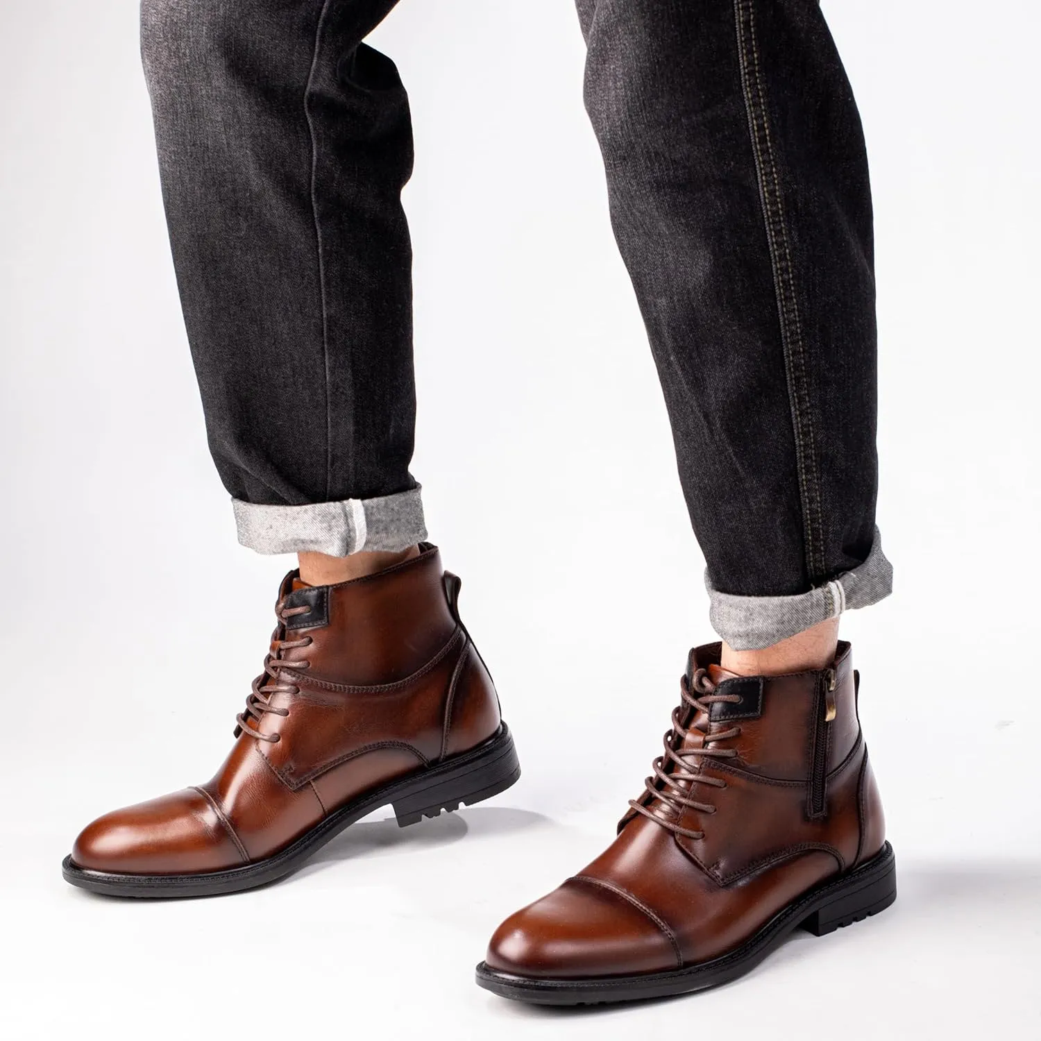 Holy dove Mens Oxford Leather Dress Boots Cap Toe Side Zip Fashion Mid Top Chukka Ankle Boots for Men