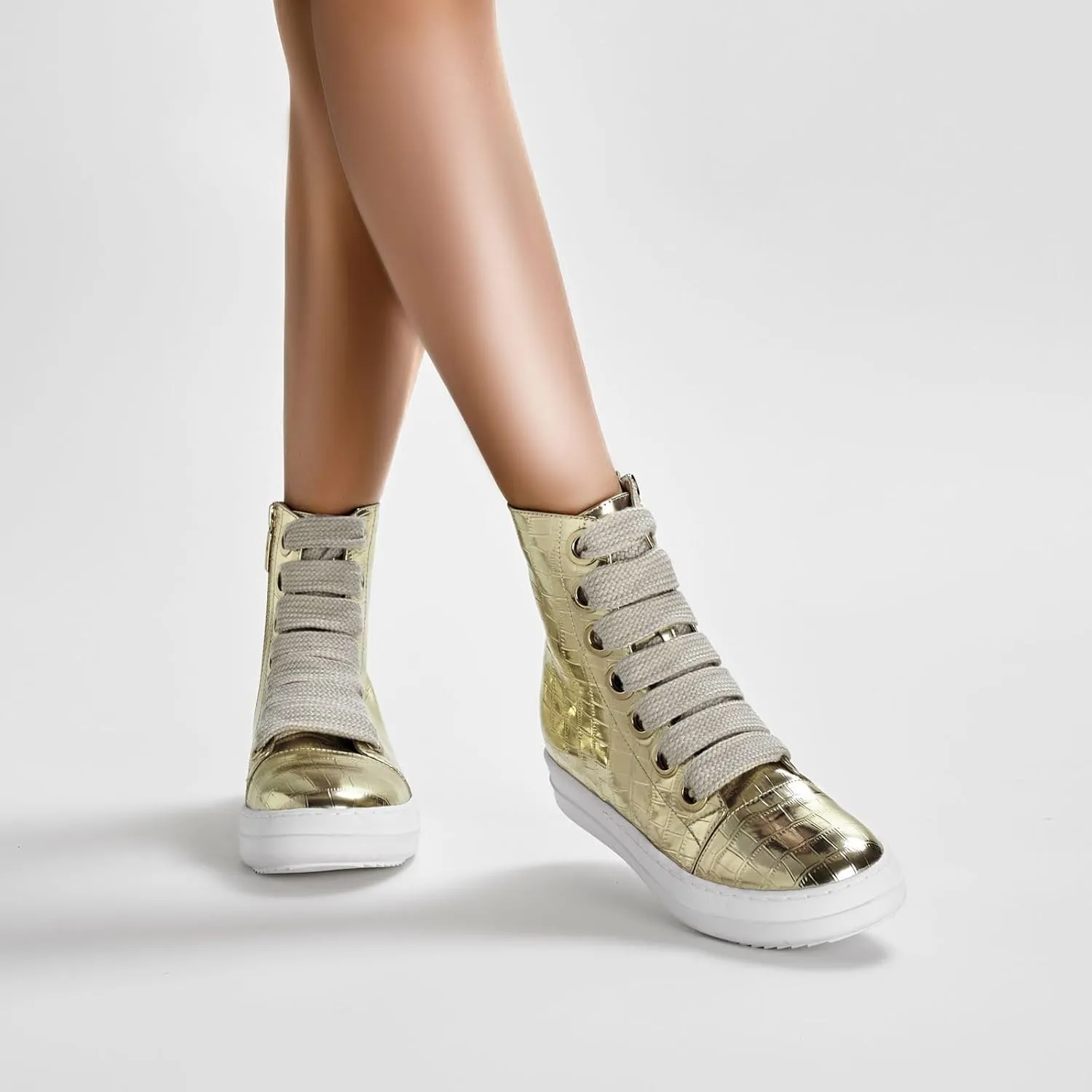 IMPREMEY Women's High Top Sneakers Lace Up Crocodile Leather Shoes Leather Comfort Platform Walking Shoes with Zipper