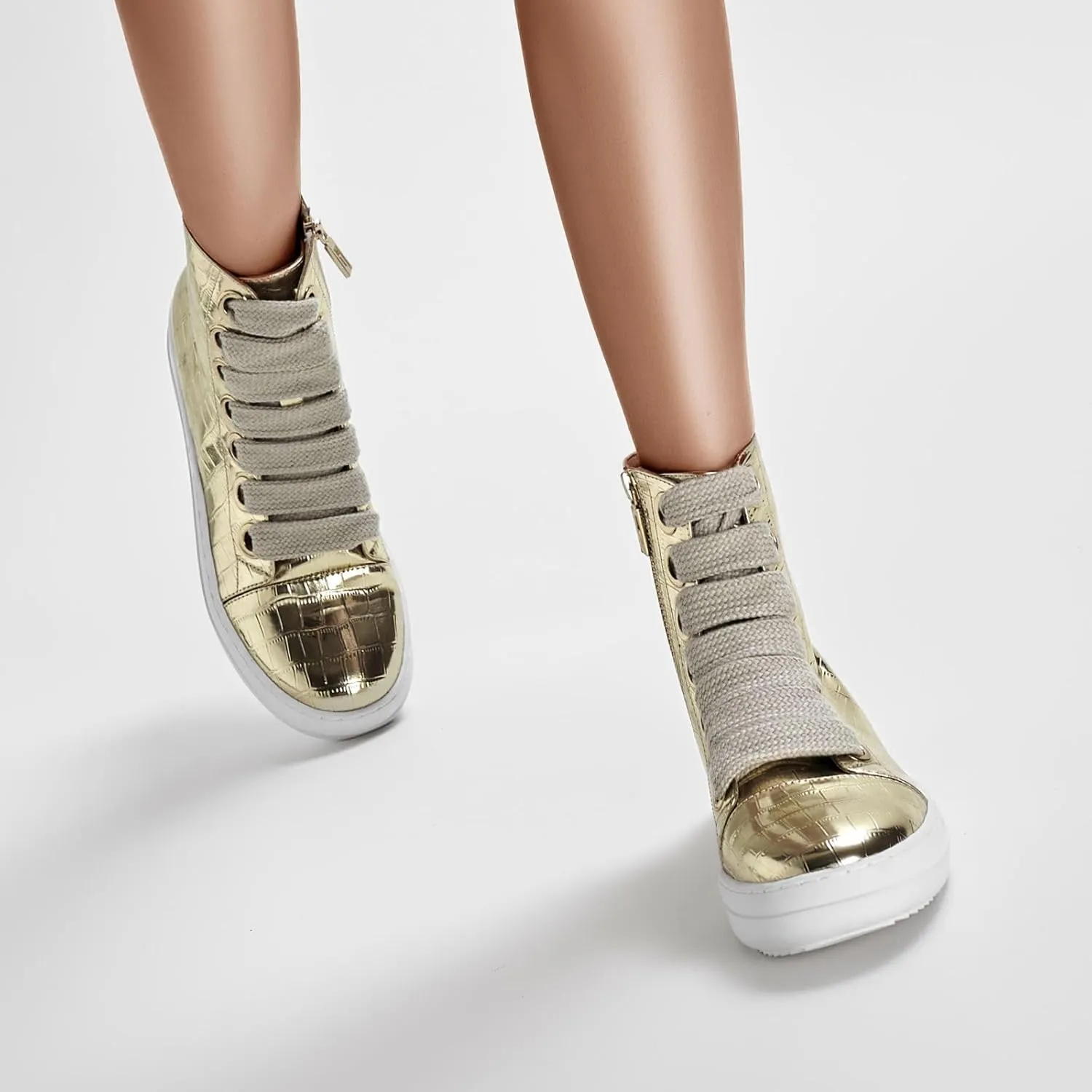 IMPREMEY Women's High Top Sneakers Lace Up Crocodile Leather Shoes Leather Comfort Platform Walking Shoes with Zipper