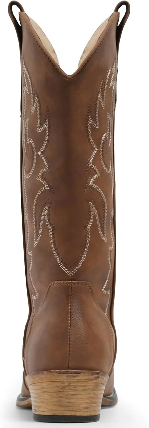 IUV Cowboy Boots for Women Mid Calf Fashion Cowgirl Boots with Embroidery Western Snip Toe