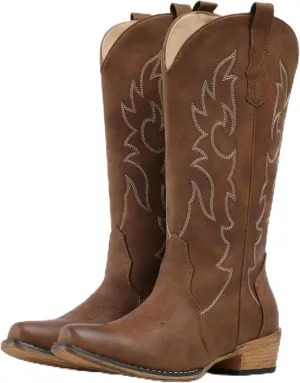 IUV Cowboy Boots for Women Mid Calf Fashion Cowgirl Boots with Embroidery Western Snip Toe