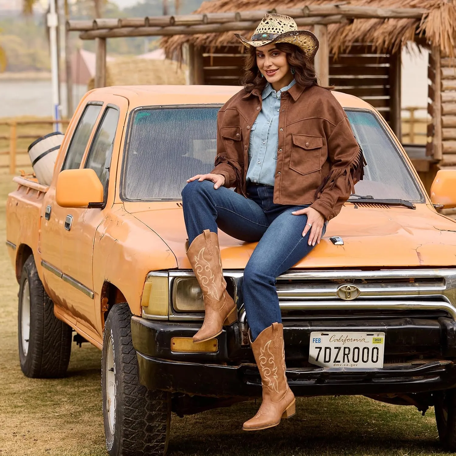 IUV Cowboy Boots For Women Western Cowgirl Boots with Chunky Heel Mid Calf Snip Toe Ideal for low insteps