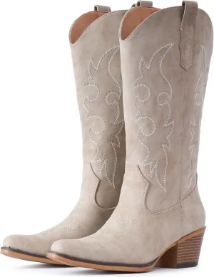 IUV Cowboy Boots For Women Western Cowgirl Boots with Chunky Heel Mid Calf Snip Toe Ideal for low insteps