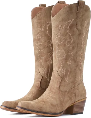 IUV Cowboy Boots For Women Western Cowgirl Boots with Chunky Heel Mid Calf Snip Toe Ideal for low insteps