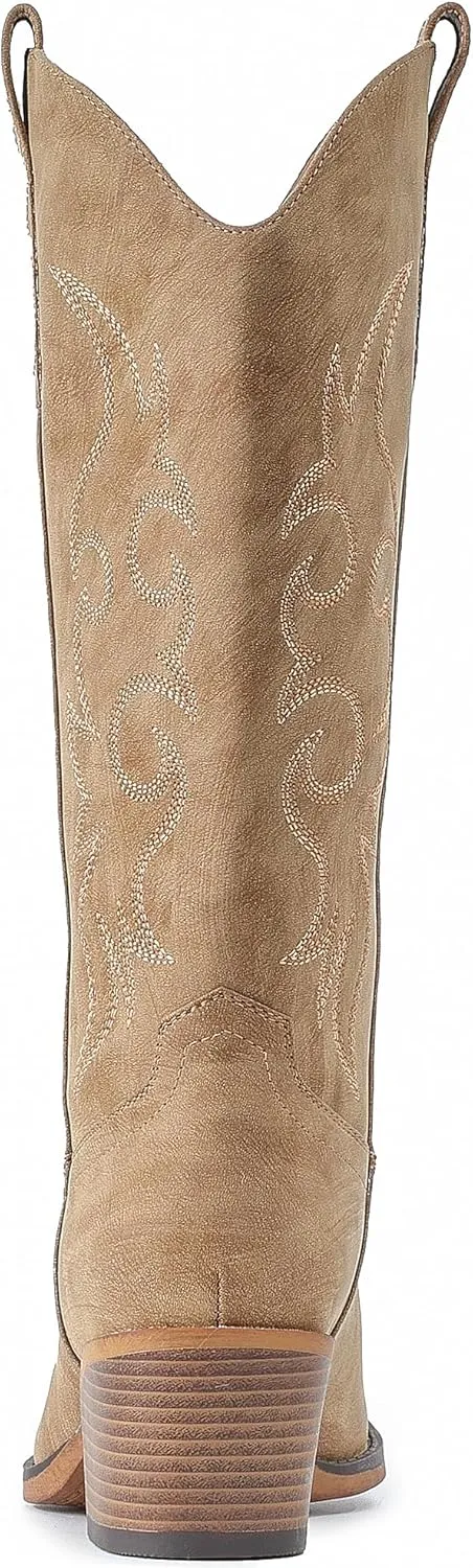 IUV Cowboy Boots For Women Western Cowgirl Boots with Chunky Heel Mid Calf Snip Toe Ideal for low insteps