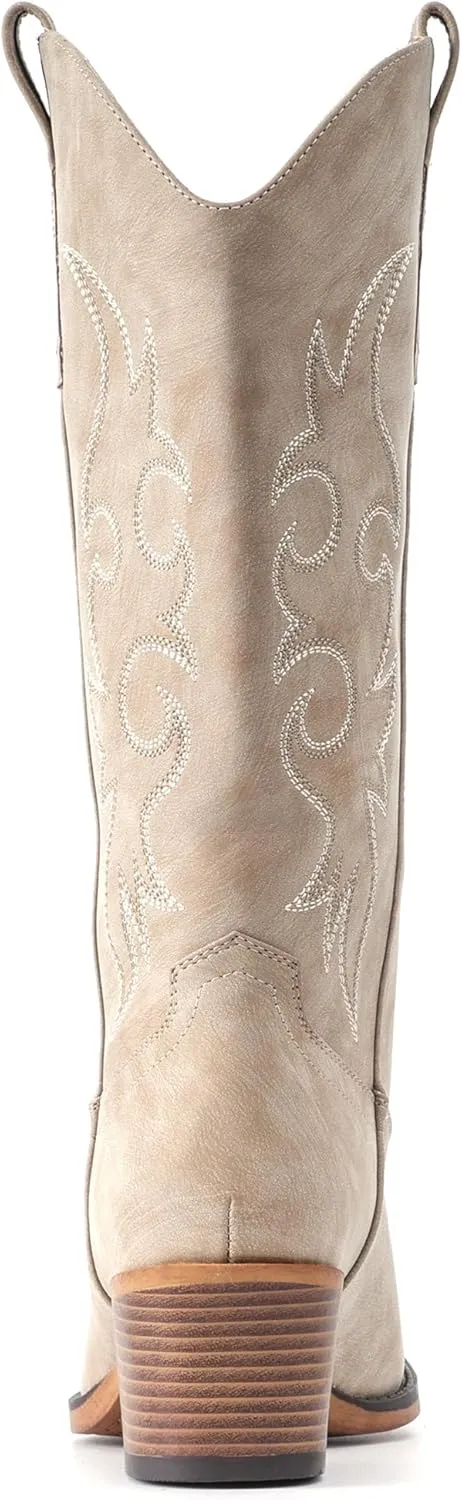IUV Cowboy Boots For Women Western Cowgirl Boots with Chunky Heel Mid Calf Snip Toe Ideal for low insteps