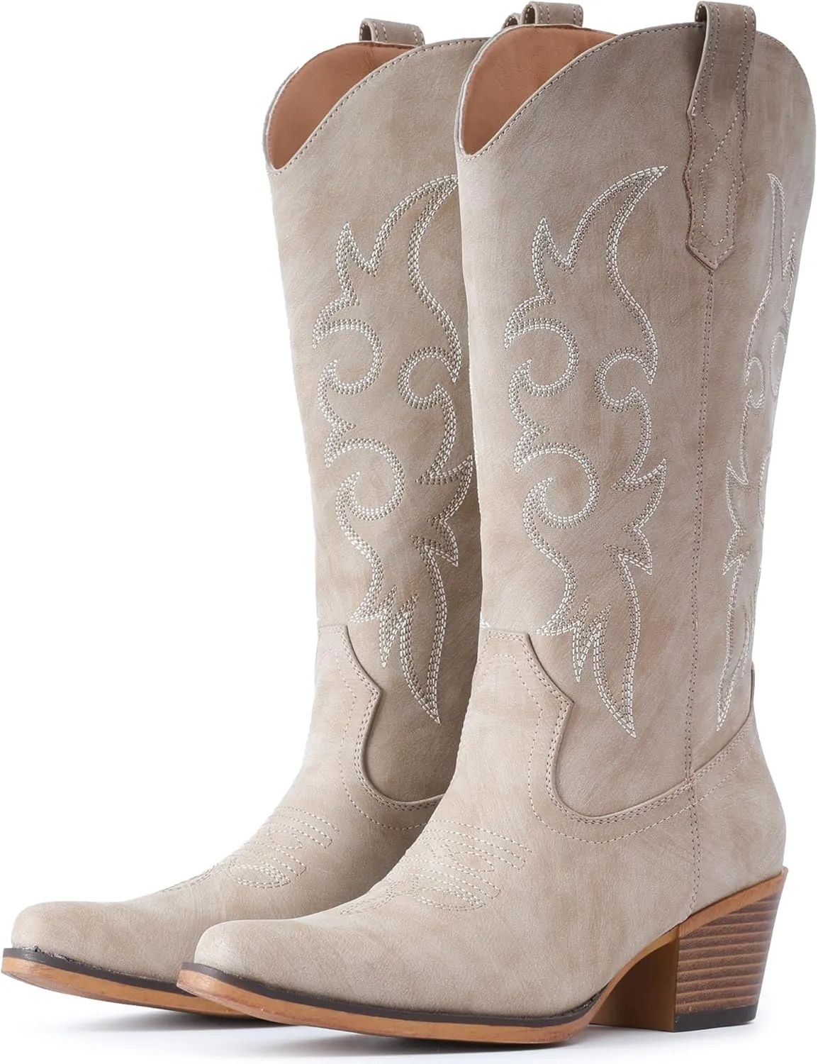 IUV Cowboy Boots For Women Western Cowgirl Boots with Chunky Heel Mid Calf Snip Toe Ideal for low insteps