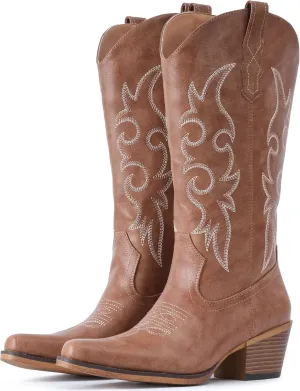 IUV Cowboy Boots For Women Western Cowgirl Boots with Chunky Heel Mid Calf Snip Toe Ideal for low insteps