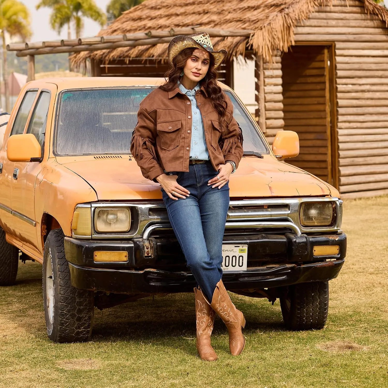 IUV Cowboy Boots For Women Western Cowgirl Boots with Chunky Heel Mid Calf Snip Toe Ideal for low insteps