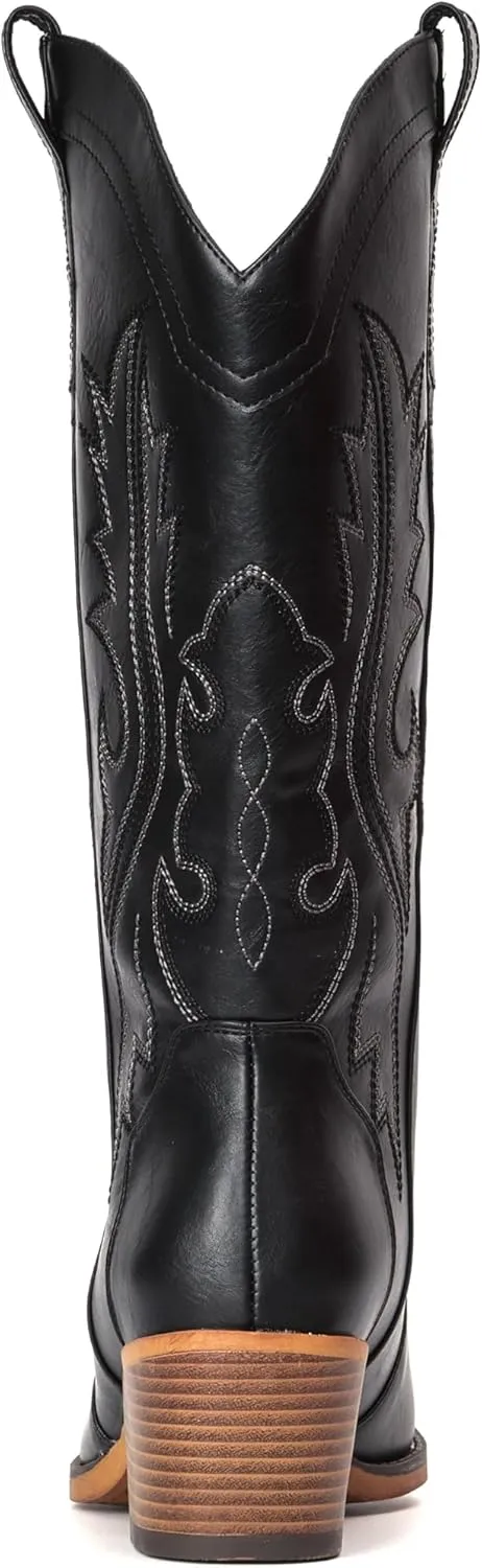 IUV Cowboy Boots For Women Western Cowgirl Boots with Chunky Heel Mid Calf Snip Toe Ideal for low insteps