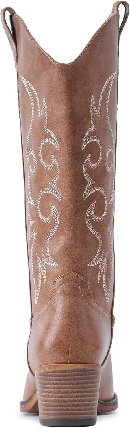 IUV Cowboy Boots For Women Western Cowgirl Boots with Chunky Heel Mid Calf Snip Toe Ideal for low insteps