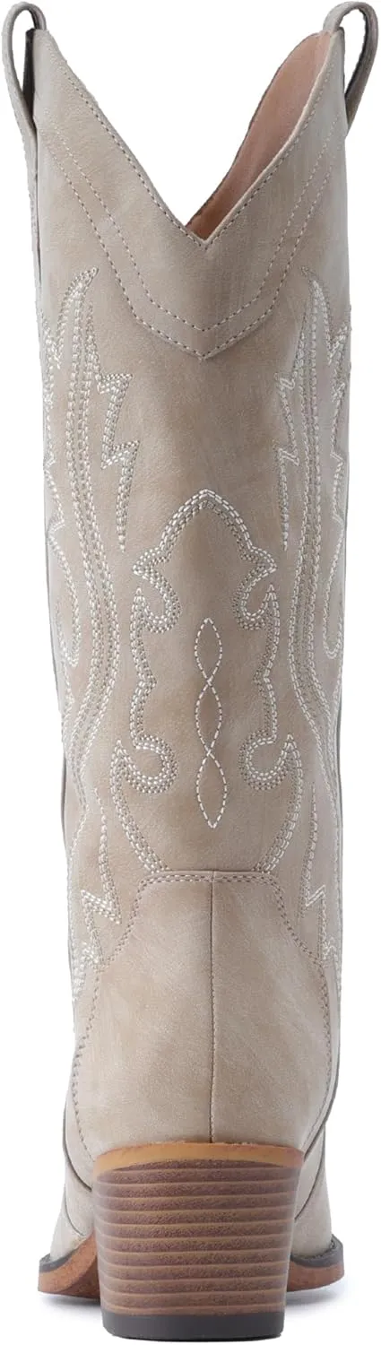 IUV Cowboy Boots For Women Western Cowgirl Boots with Chunky Heel Mid Calf Snip Toe Ideal for low insteps