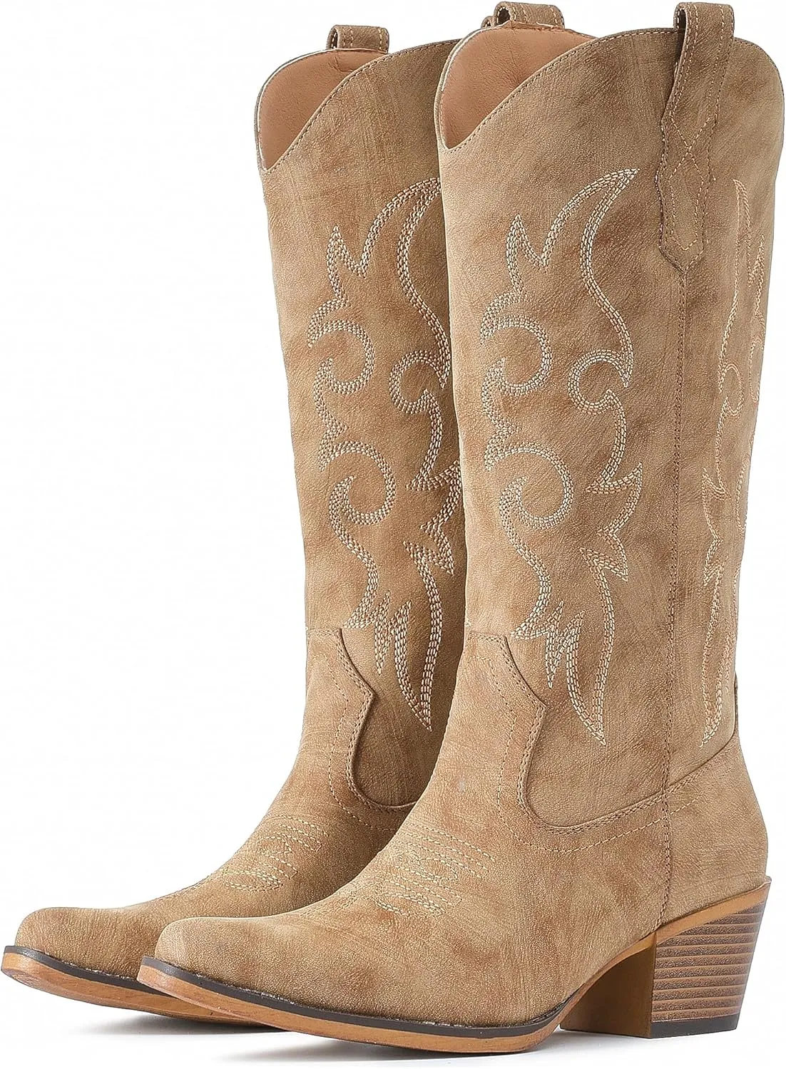 IUV Cowboy Boots For Women Western Cowgirl Boots with Chunky Heel Mid Calf Snip Toe Ideal for low insteps