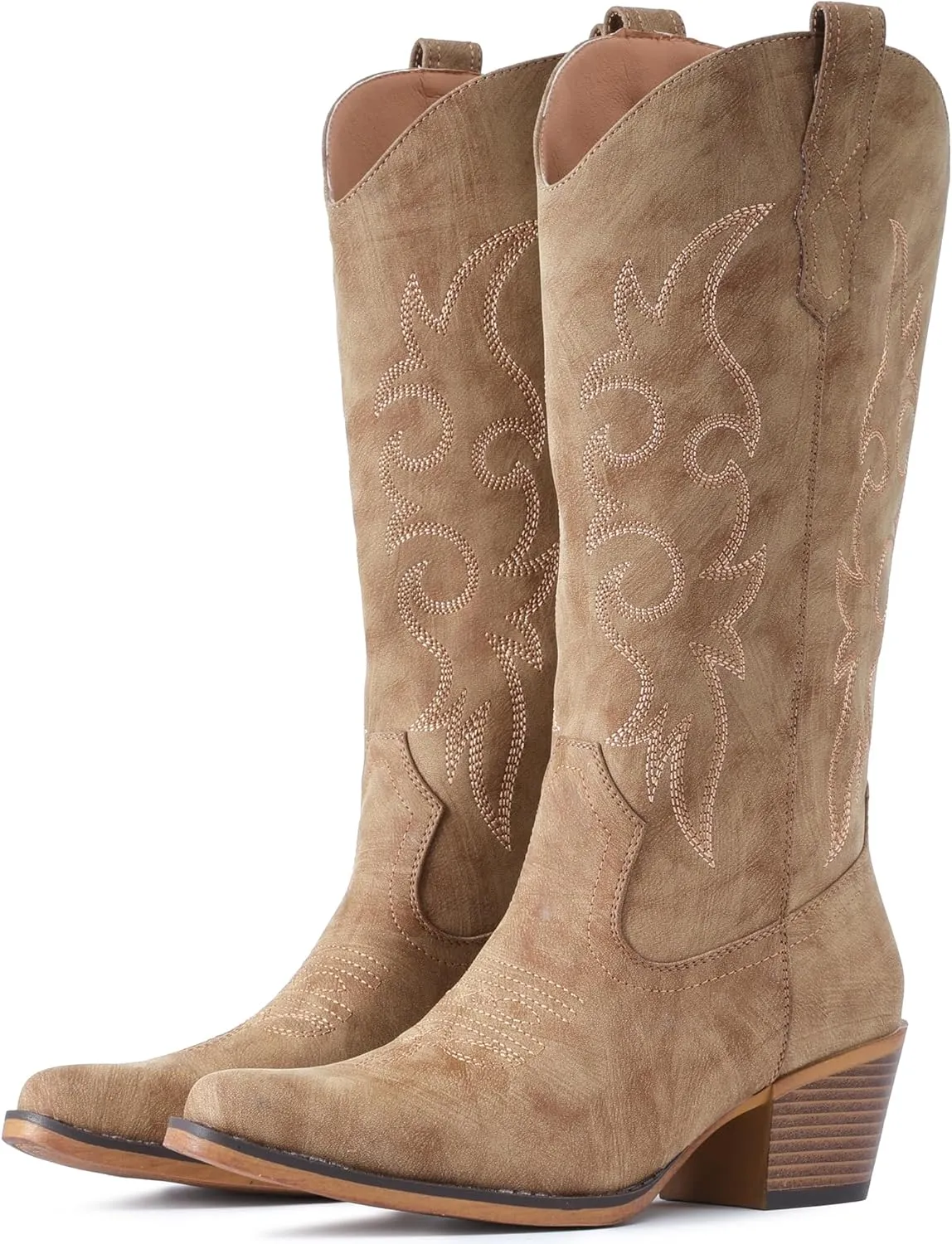 IUV Cowboy Boots For Women Western Cowgirl Boots with Chunky Heel Mid Calf Snip Toe Ideal for low insteps