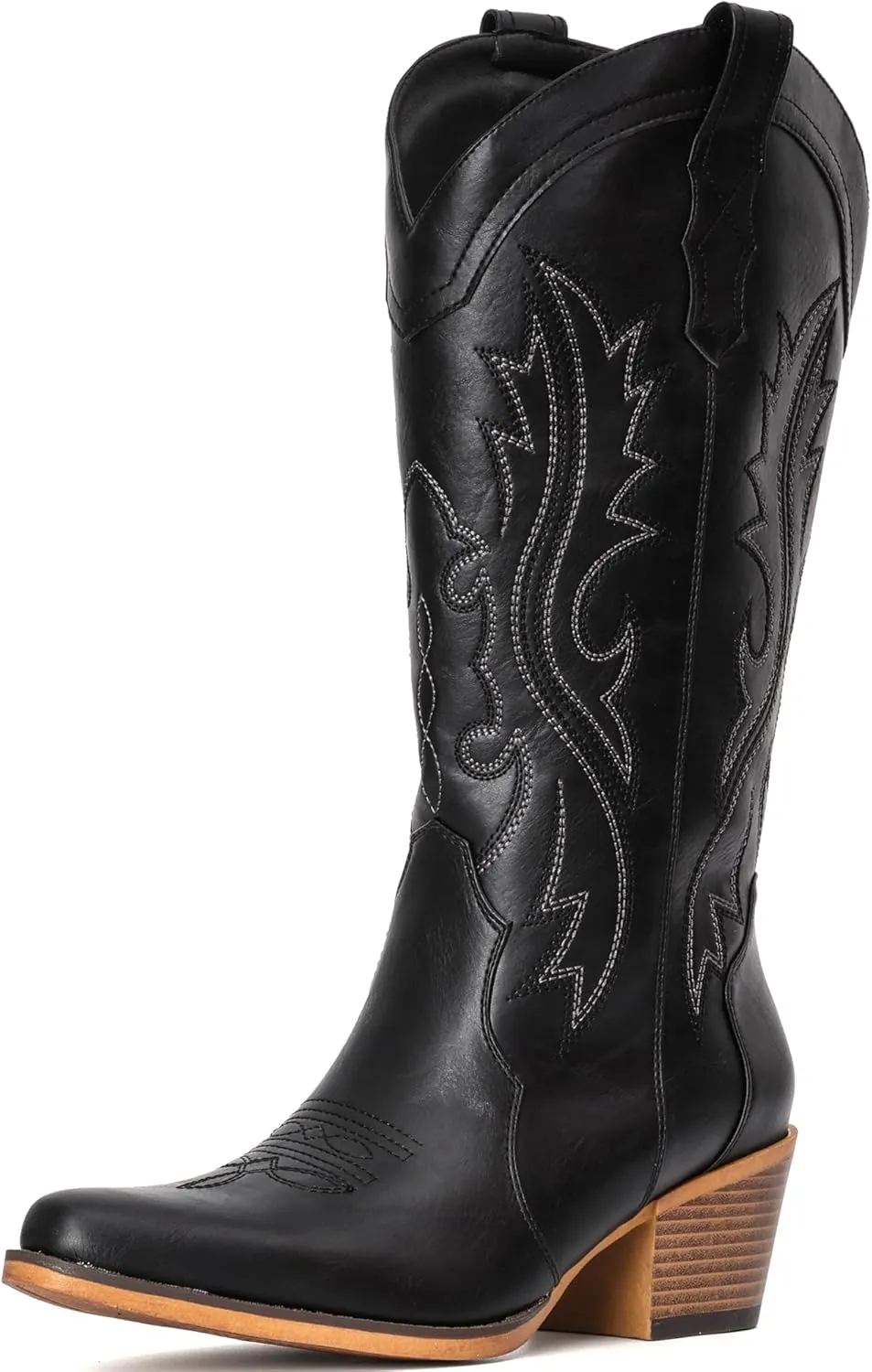 IUV Cowboy Boots For Women Western Cowgirl Boots with Chunky Heel Mid Calf Snip Toe Ideal for low insteps