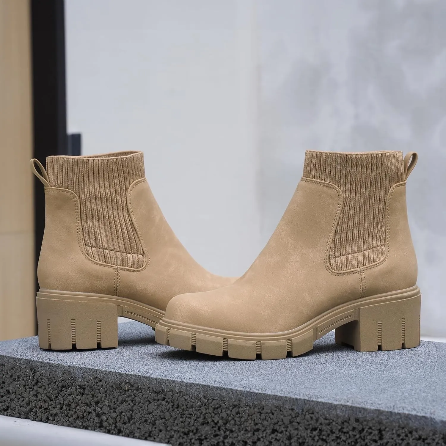 JABASIC Womens Chunky Ankle Boots Slip on Chelsea Boots Elastic Booties