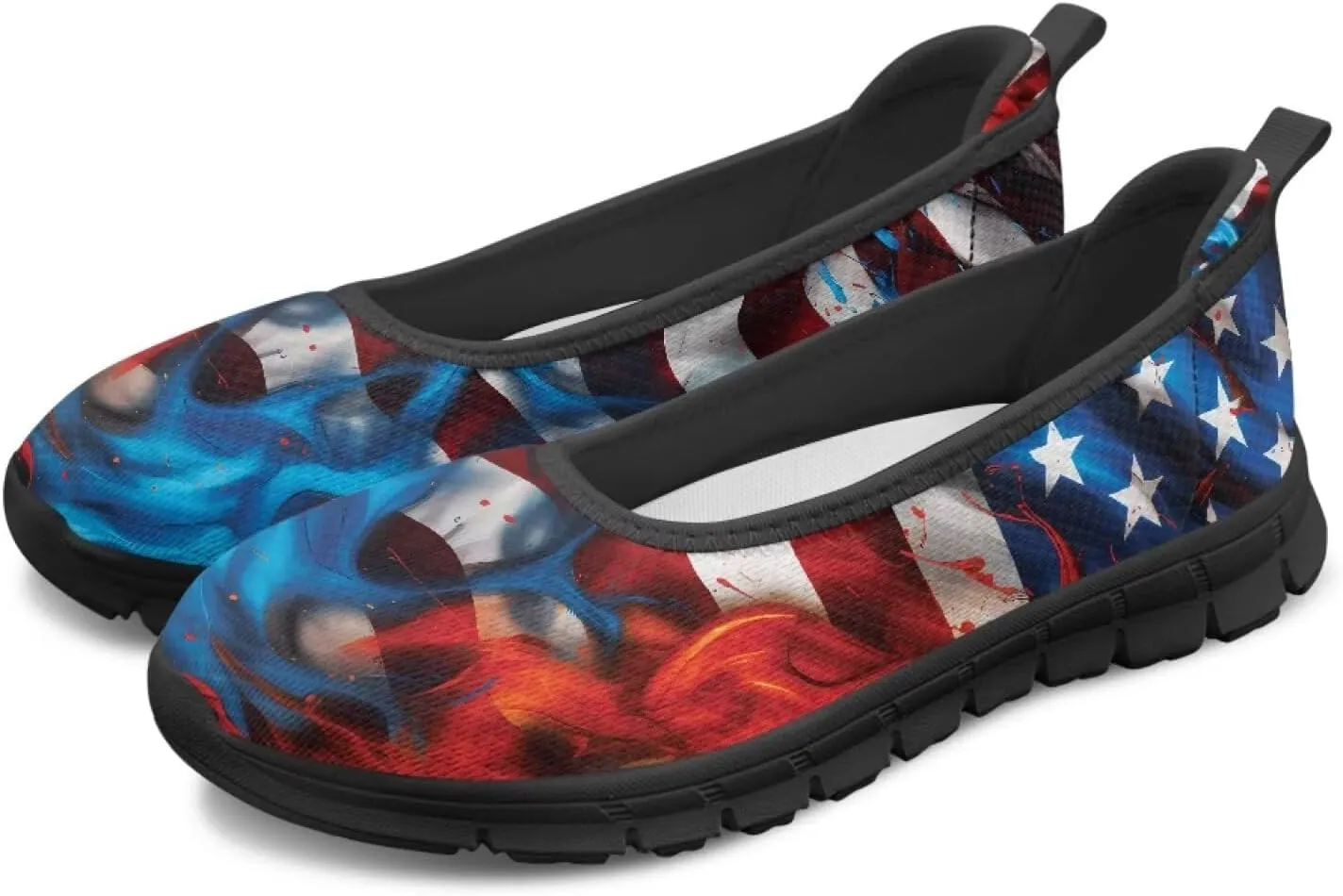 Jeiento Patriotic American Flag Shoes Women's Slip On Sneakers 4th of July Low Cut Walking Running Shoes Comfortable Mesh Tennis Footwear