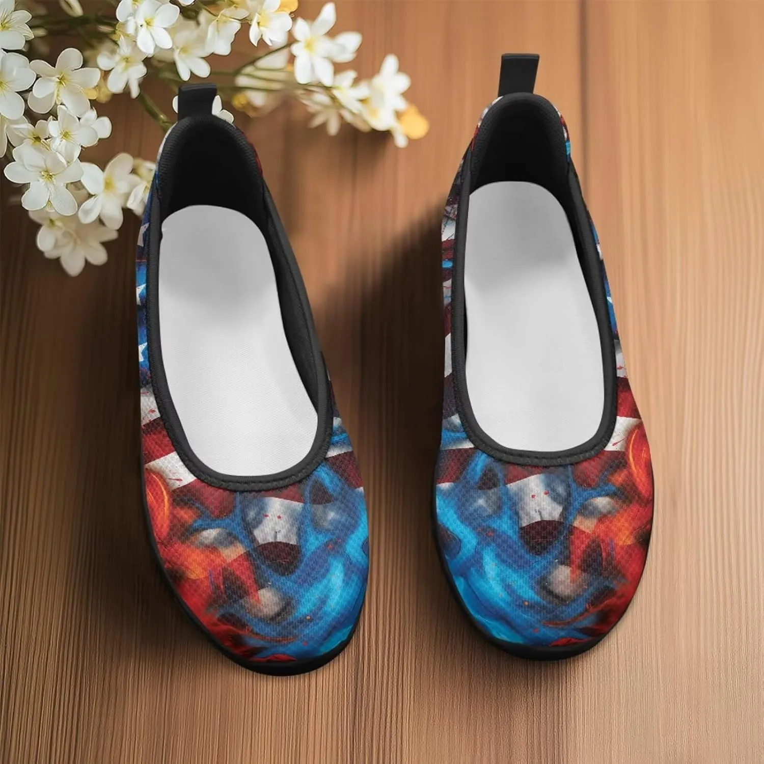 Jeiento Patriotic American Flag Shoes Women's Slip On Sneakers 4th of July Low Cut Walking Running Shoes Comfortable Mesh Tennis Footwear