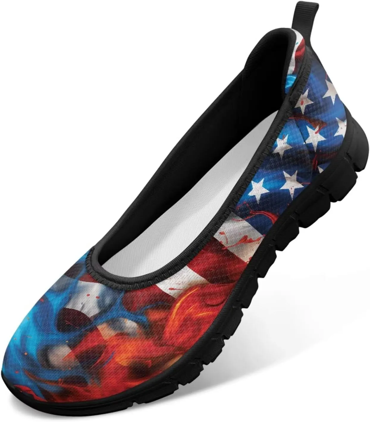 Jeiento Patriotic American Flag Shoes Women's Slip On Sneakers 4th of July Low Cut Walking Running Shoes Comfortable Mesh Tennis Footwear
