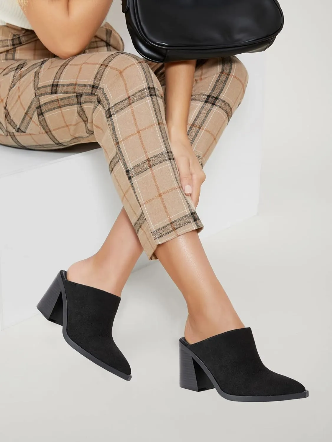 JeimPoey Womens Mules Pumps Point Closed Toe Slip-on Heels Stacked Chunky Block Heel Backless Clogs
