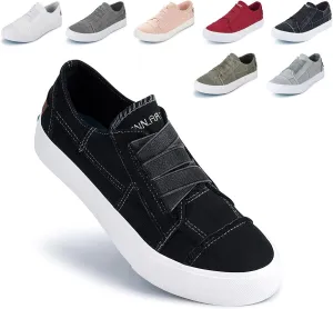 JENN ARDOR Women's Stylish Slip On Sneakers No Laces Elastic Low Top Canvas Sneakers Trendy Flats Comfortable Casual Walking Shoes