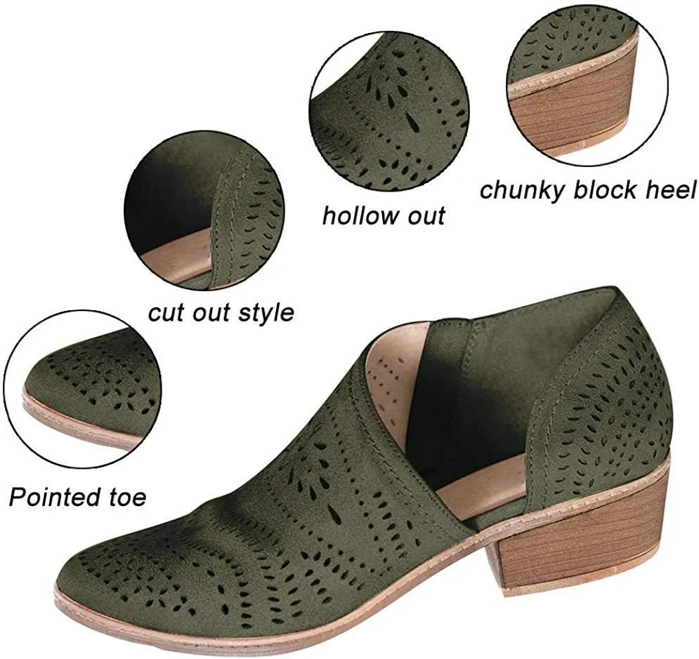 JITUUE Ankle Boots for Women Casual Slip On Loafers Pointed Toe Chunky Block Low Heel Shoes Cut Out Office Dress Comfy Casual Booties