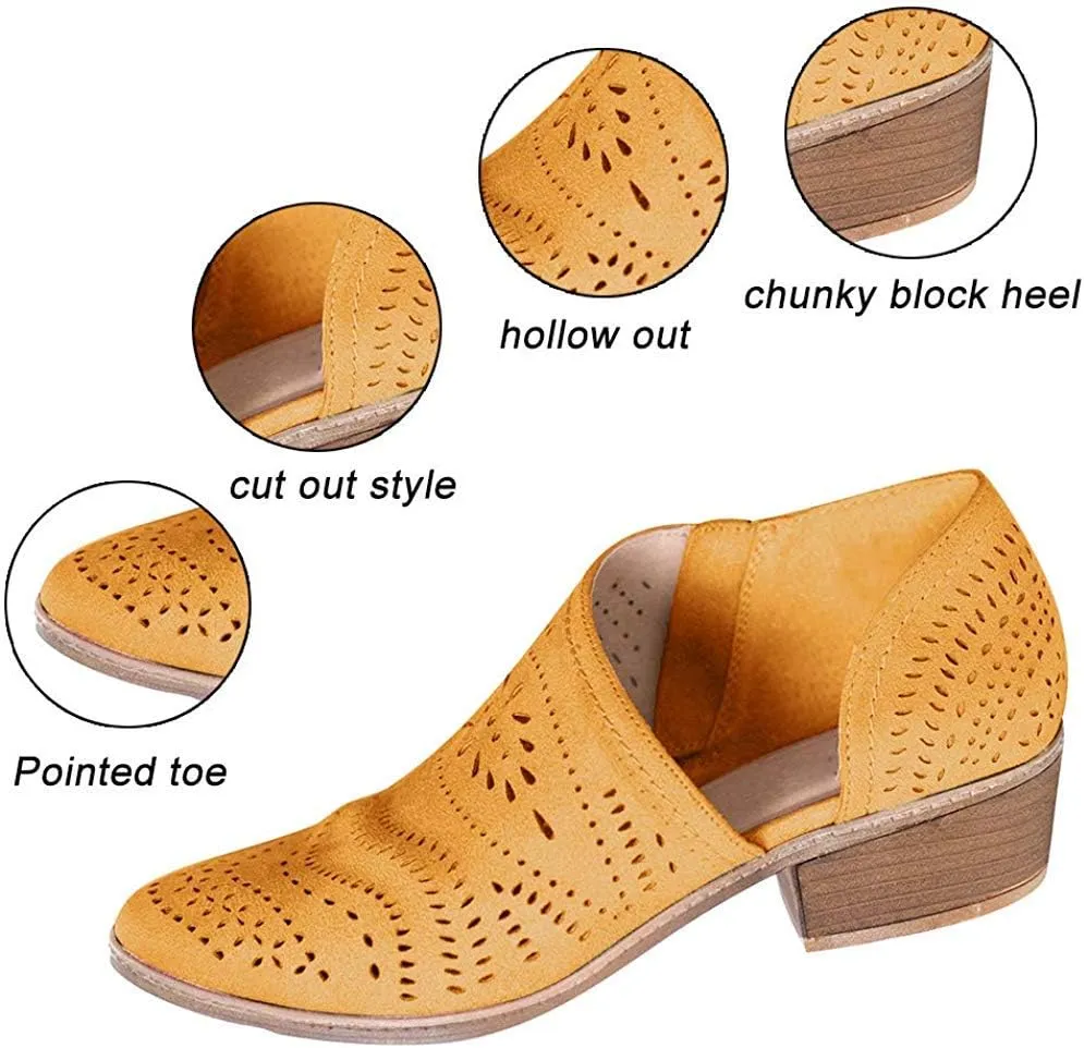 JITUUE Ankle Boots for Women Casual Slip On Loafers Pointed Toe Chunky Block Low Heel Shoes Cut Out Office Dress Comfy Casual Booties