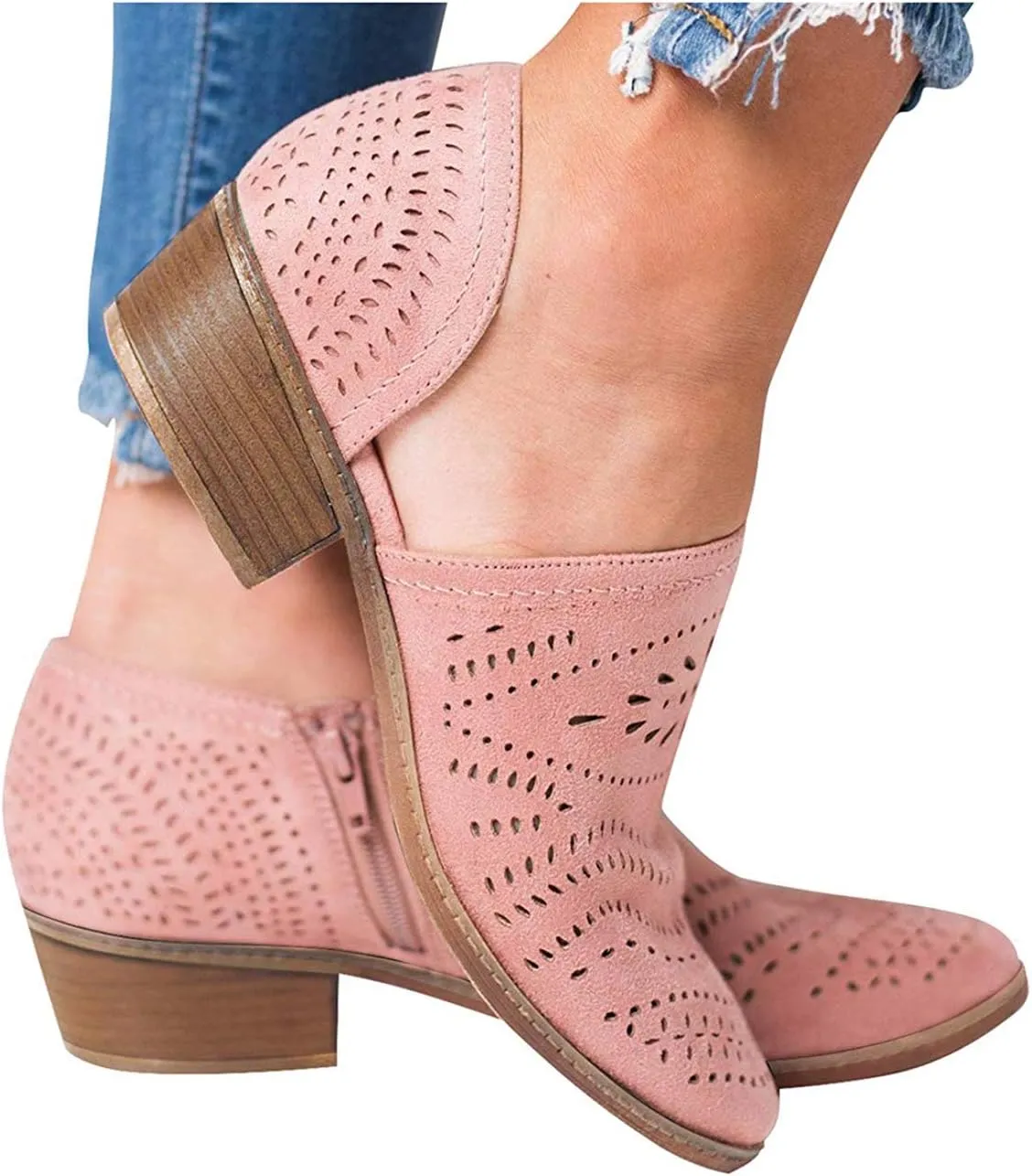 JITUUE Ankle Boots for Women Casual Slip On Loafers Pointed Toe Chunky Block Low Heel Shoes Cut Out Office Dress Comfy Casual Booties