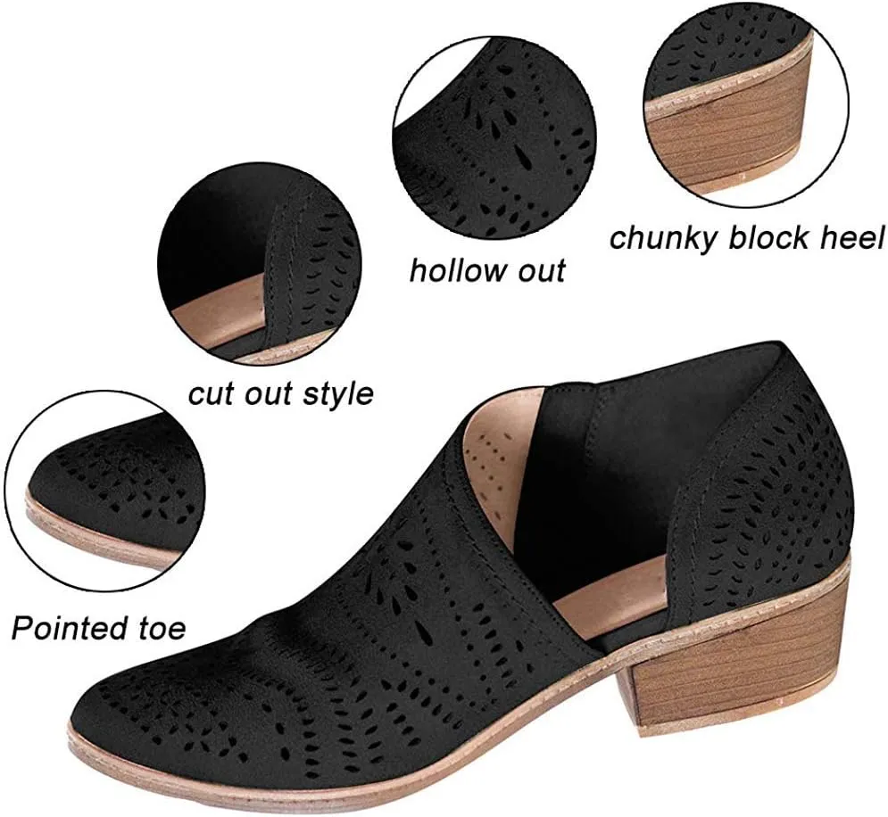 JITUUE Ankle Boots for Women Casual Slip On Loafers Pointed Toe Chunky Block Low Heel Shoes Cut Out Office Dress Comfy Casual Booties