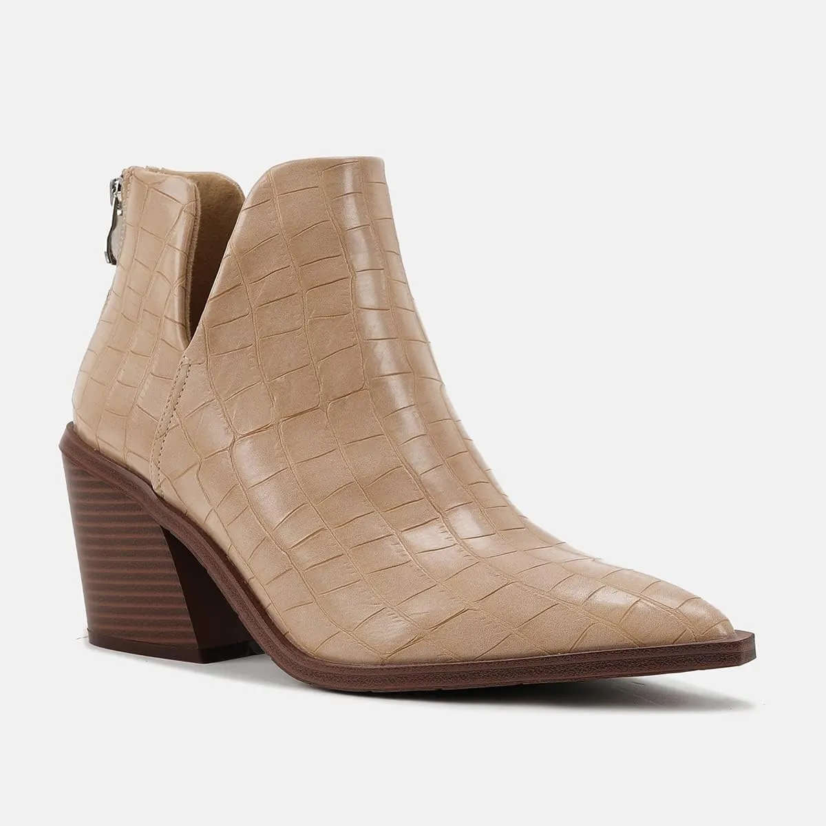 JOEupin Womens Ankle Boots Slip on Cutout Pointed Toe Crocodile Pattern Chunky Stacked Mid Heel Bootie