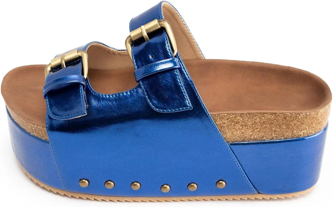 JORISTIMO Women's Cork Flatform Sandals Dual Buckled Band Suede Clogs Platform Slip On Sandals