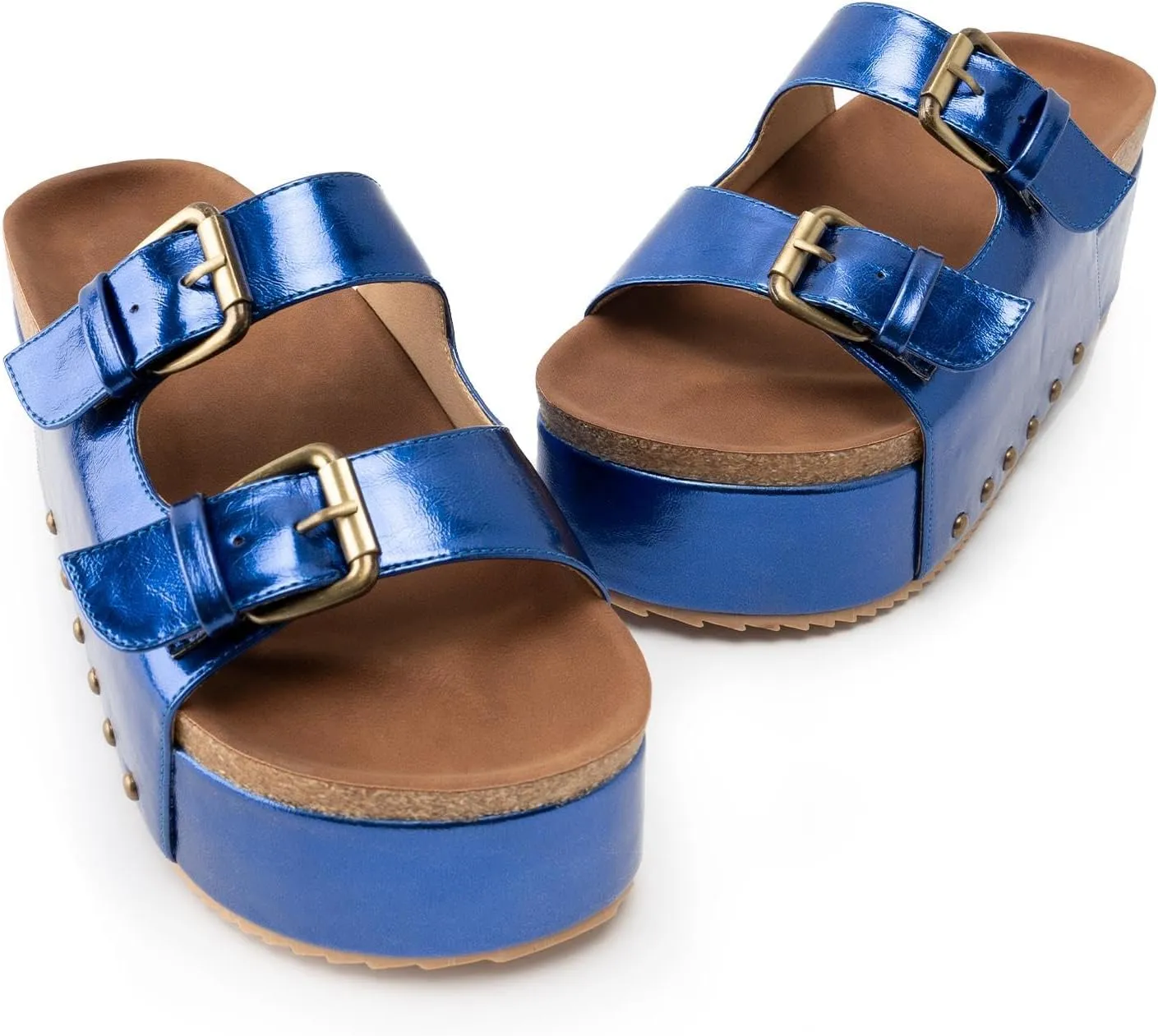 JORISTIMO Women's Cork Flatform Sandals Dual Buckled Band Suede Clogs Platform Slip On Sandals