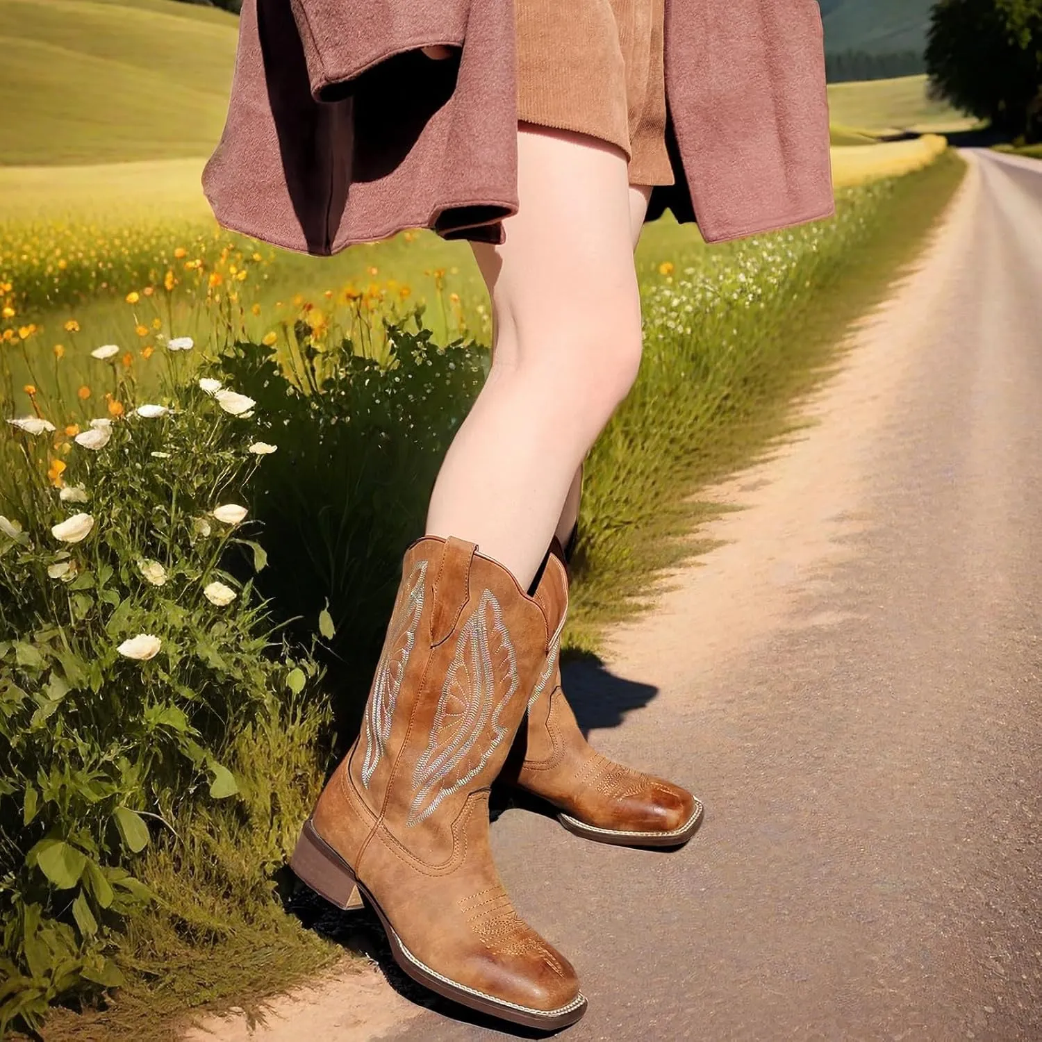 J's.o.l.e Square Toe Cowboy Boots for Women Wide Calf Cowgirl Boots Mid Calf