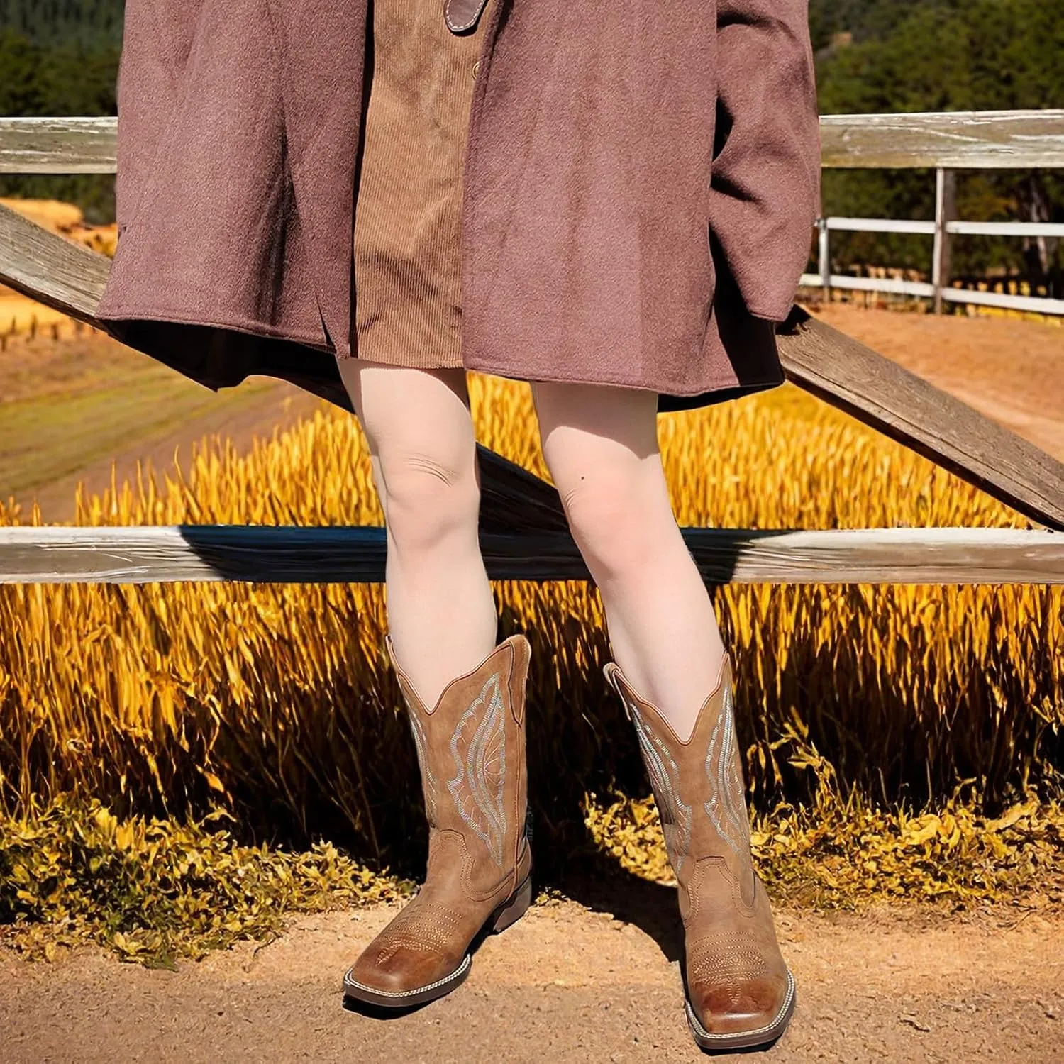 J's.o.l.e Square Toe Cowboy Boots for Women Wide Calf Cowgirl Boots Mid Calf
