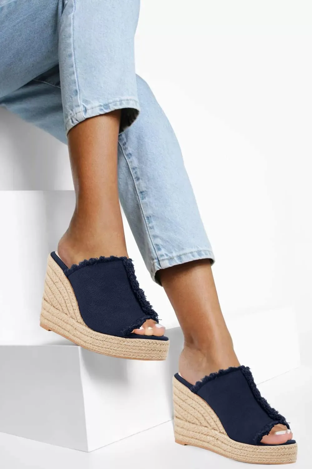 Juliet Holy Womens Wedge Sandals Peep Toe Denim Slip On Backless Espadrilles Platform Sandal Shoes