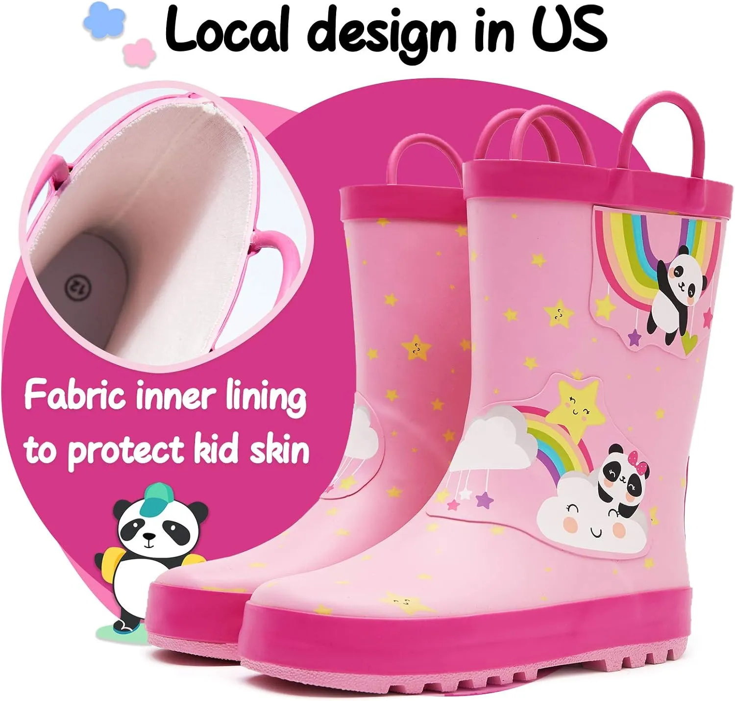 K KomForme Kids Rain Boots Waterproof Printed Rubber boots with Handles
