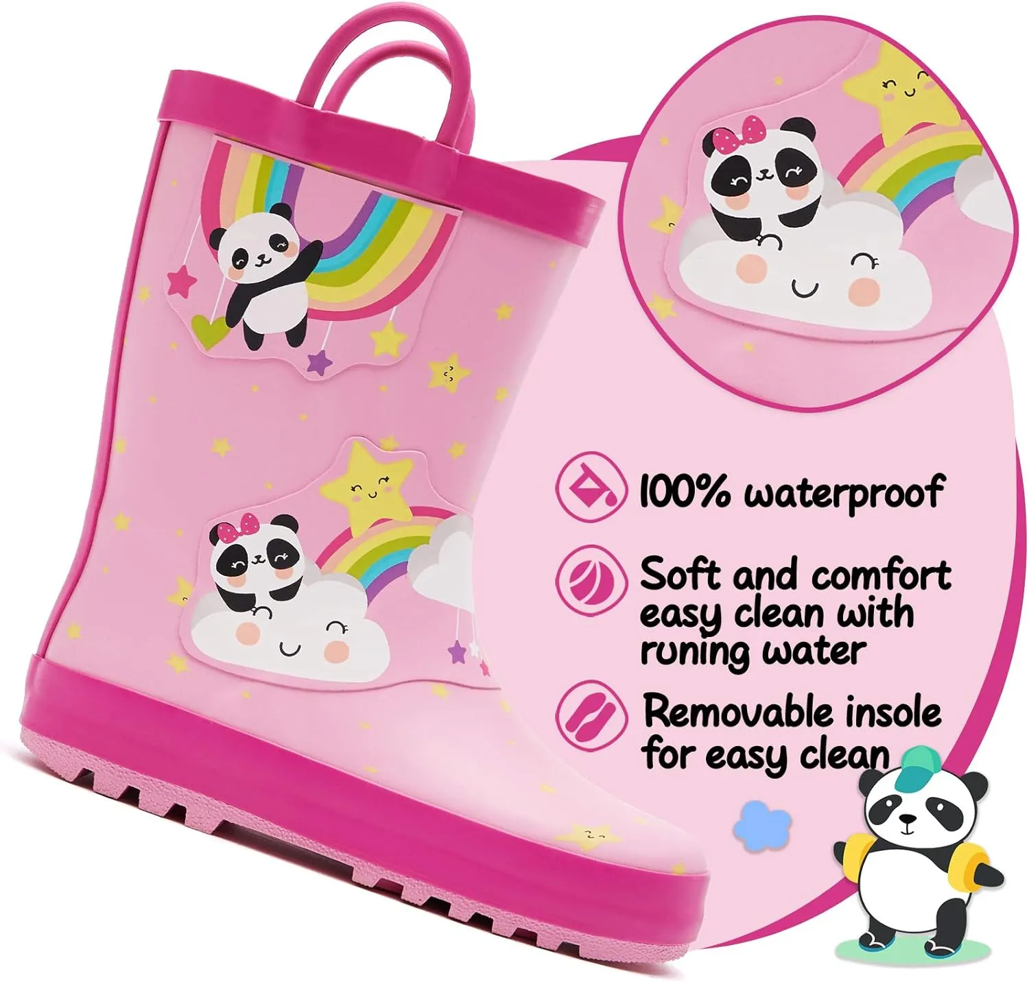 K KomForme Kids Rain Boots Waterproof Printed Rubber boots with Handles