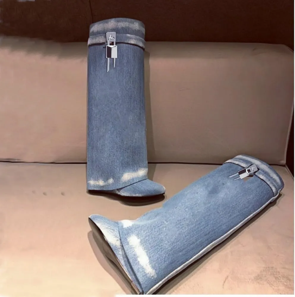 keleimusi Fold Over Wedge Boots Heeled PadLock Pant Knee High Shoes Tall/Short Booties in Black