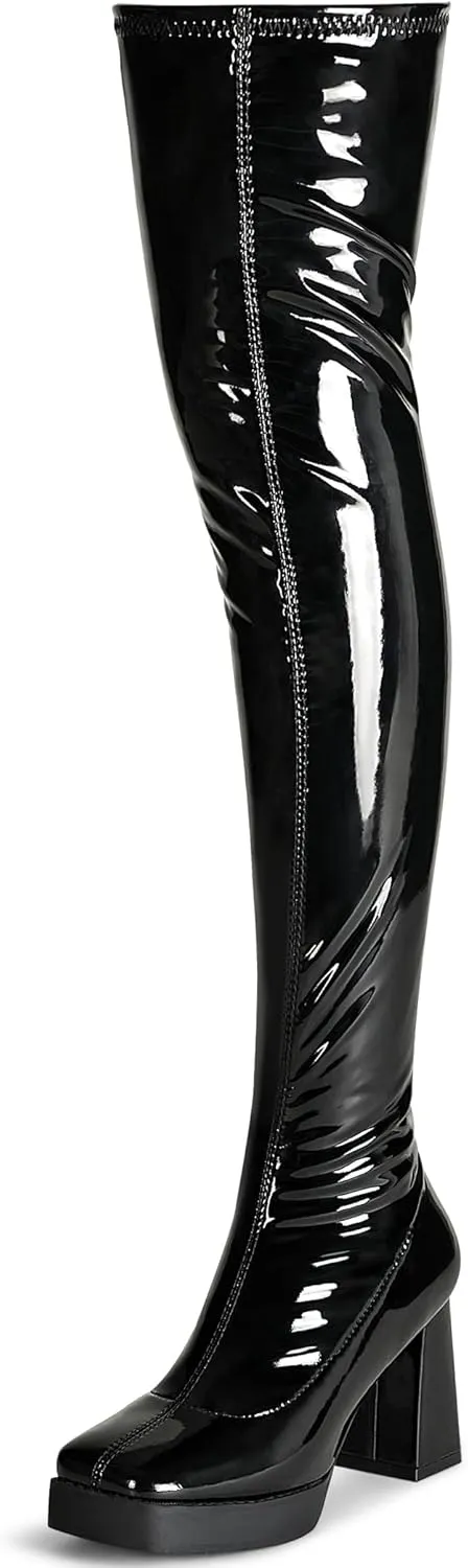 KHPAERMEI Platform Thigh High Boots Women GoGo Boots Square Toe Chunky Heels Patent Leather PU Over The Knee High Stretch Boots