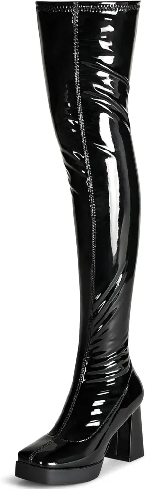 KHPAERMEI Platform Thigh High Boots Women GoGo Boots Square Toe Chunky Heels Patent Leather PU Over The Knee High Stretch Boots