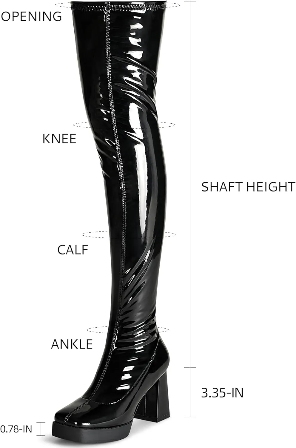 KHPAERMEI Platform Thigh High Boots Women GoGo Boots Square Toe Chunky Heels Patent Leather PU Over The Knee High Stretch Boots