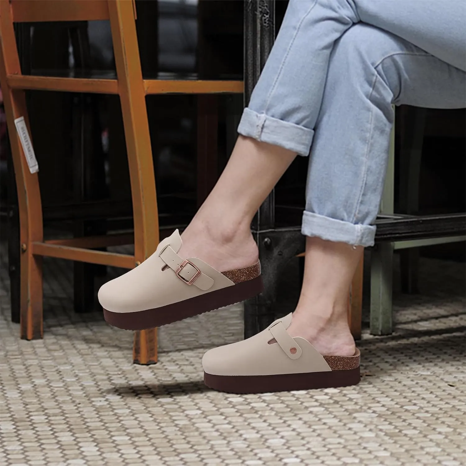 KIDMI Women's Platform Clogs Leather Mules Cork Footbed Potato Shoes