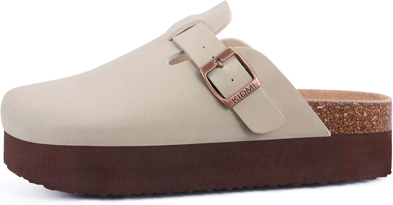 KIDMI Women's Platform Clogs Leather Mules Cork Footbed Potato Shoes
