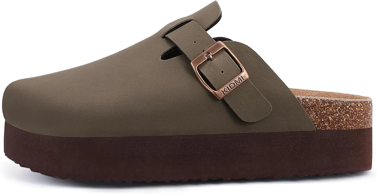 KIDMI Women's Platform Clogs Leather Mules Cork Footbed Potato Shoes