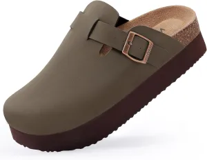 KIDMI Women's Platform Clogs Leather Mules Cork Footbed Potato Shoes