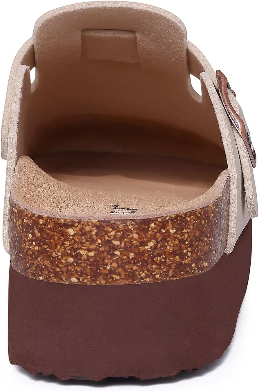 KIDMI Women's Platform Clogs Leather Mules Cork Footbed Potato Shoes