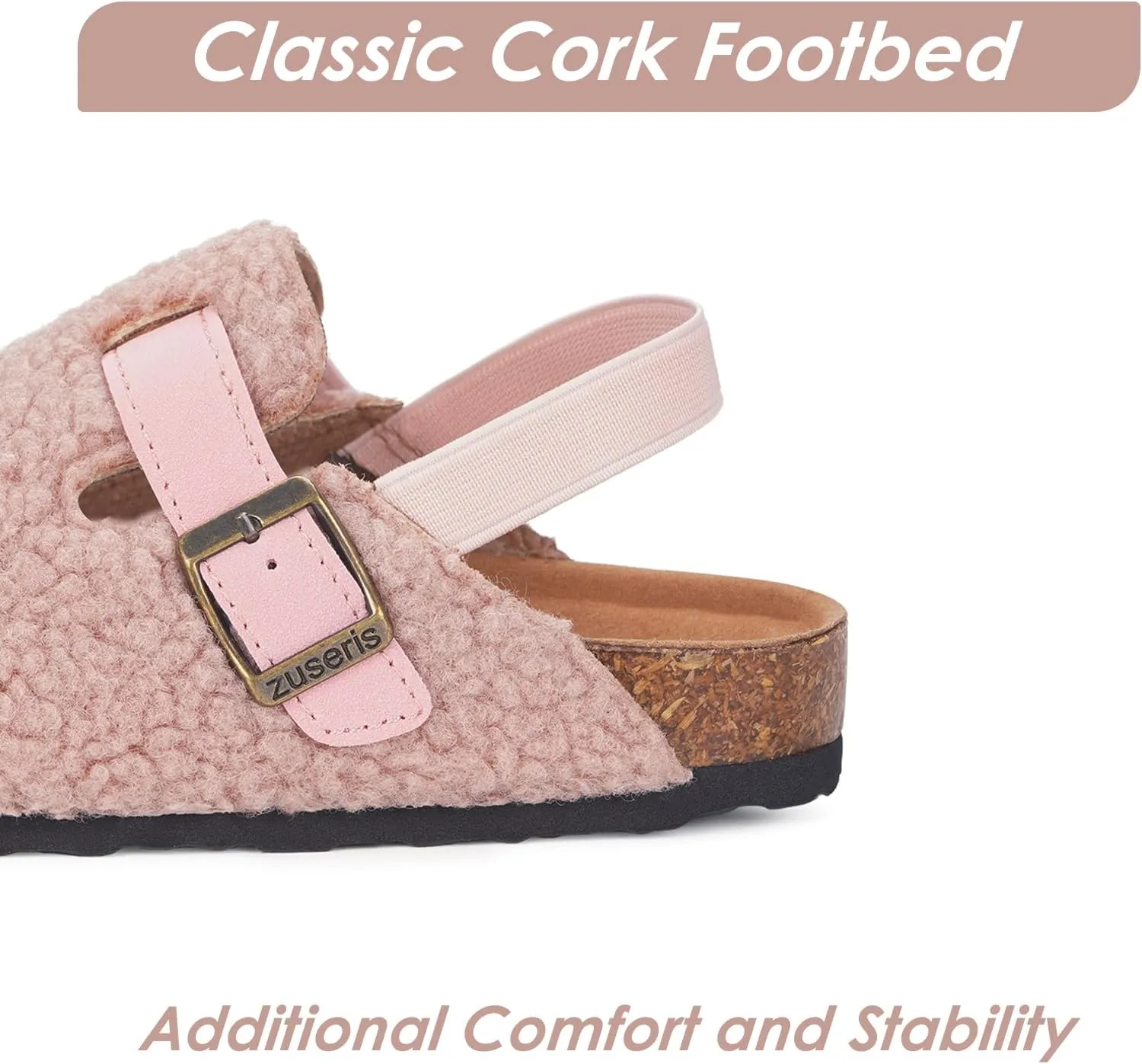 Kids Clogs Toddler Fuzzy Clog Slippers with Strap Boys Girls Cork Footbed Mules Classic Slip On Fleece Potato Shoes with Adjustable Buckle